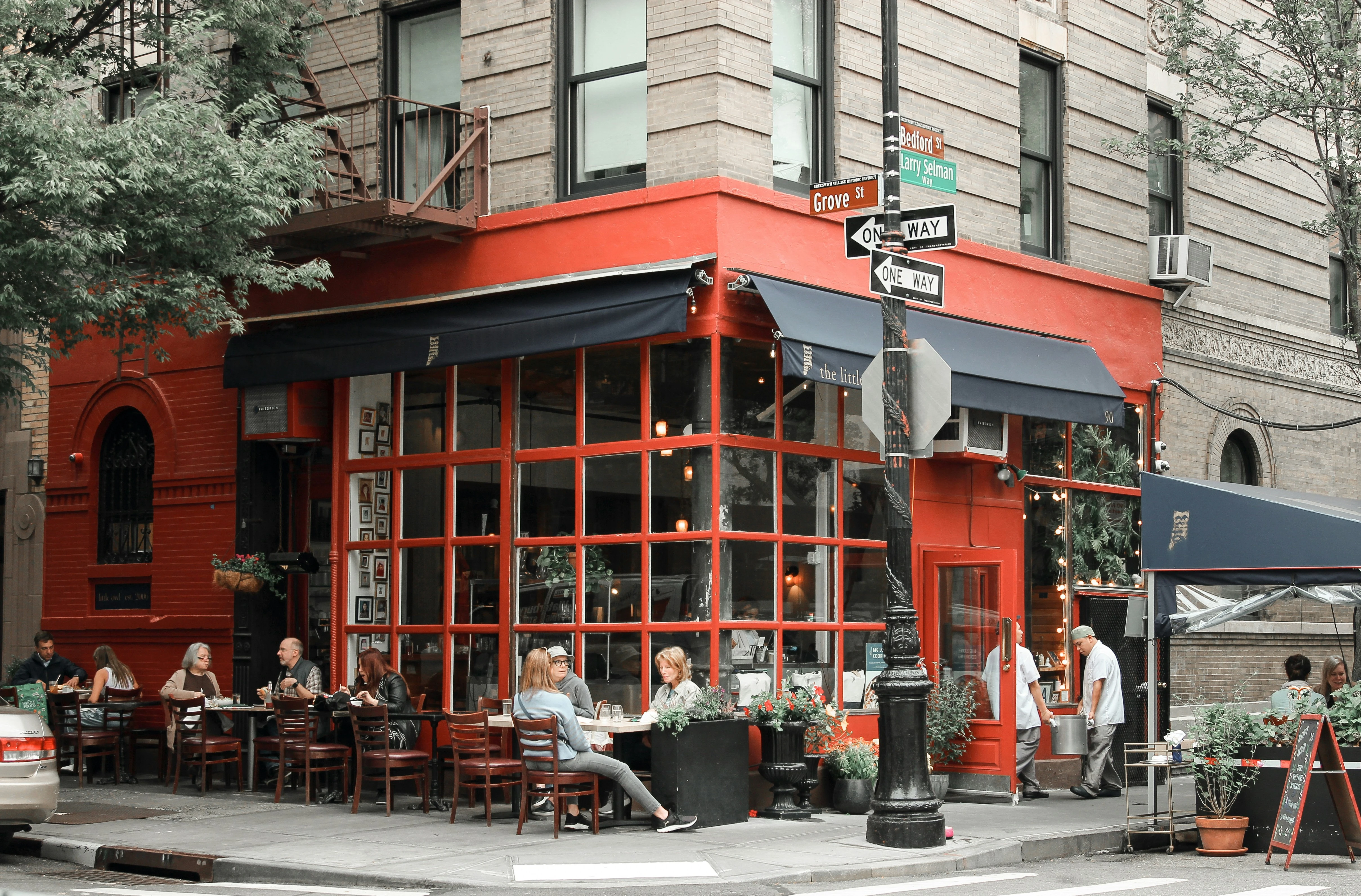 Street corner café at the base of the Friends apartment building on Grove Street and Bedford Street in NYC.