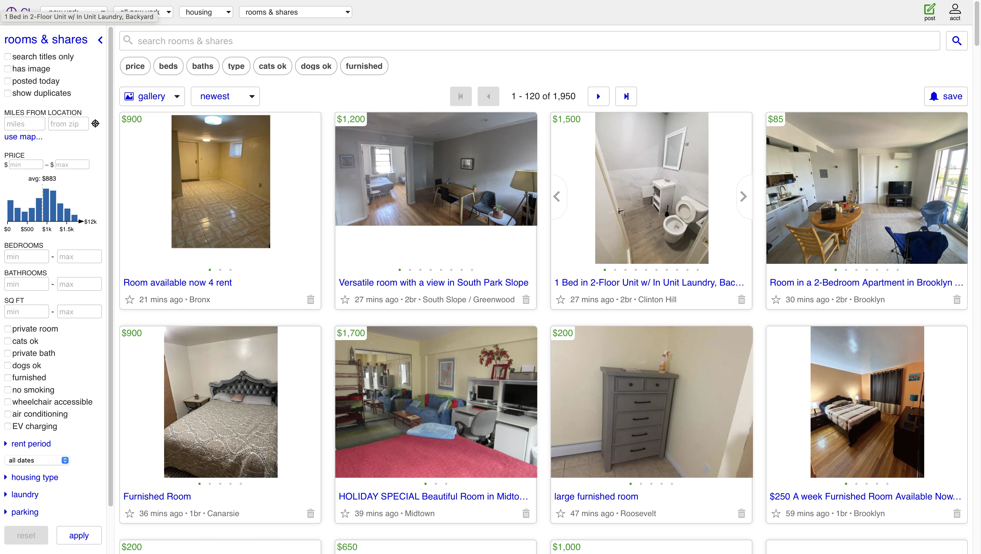 Home page of the rooms & shares section of Craigslist