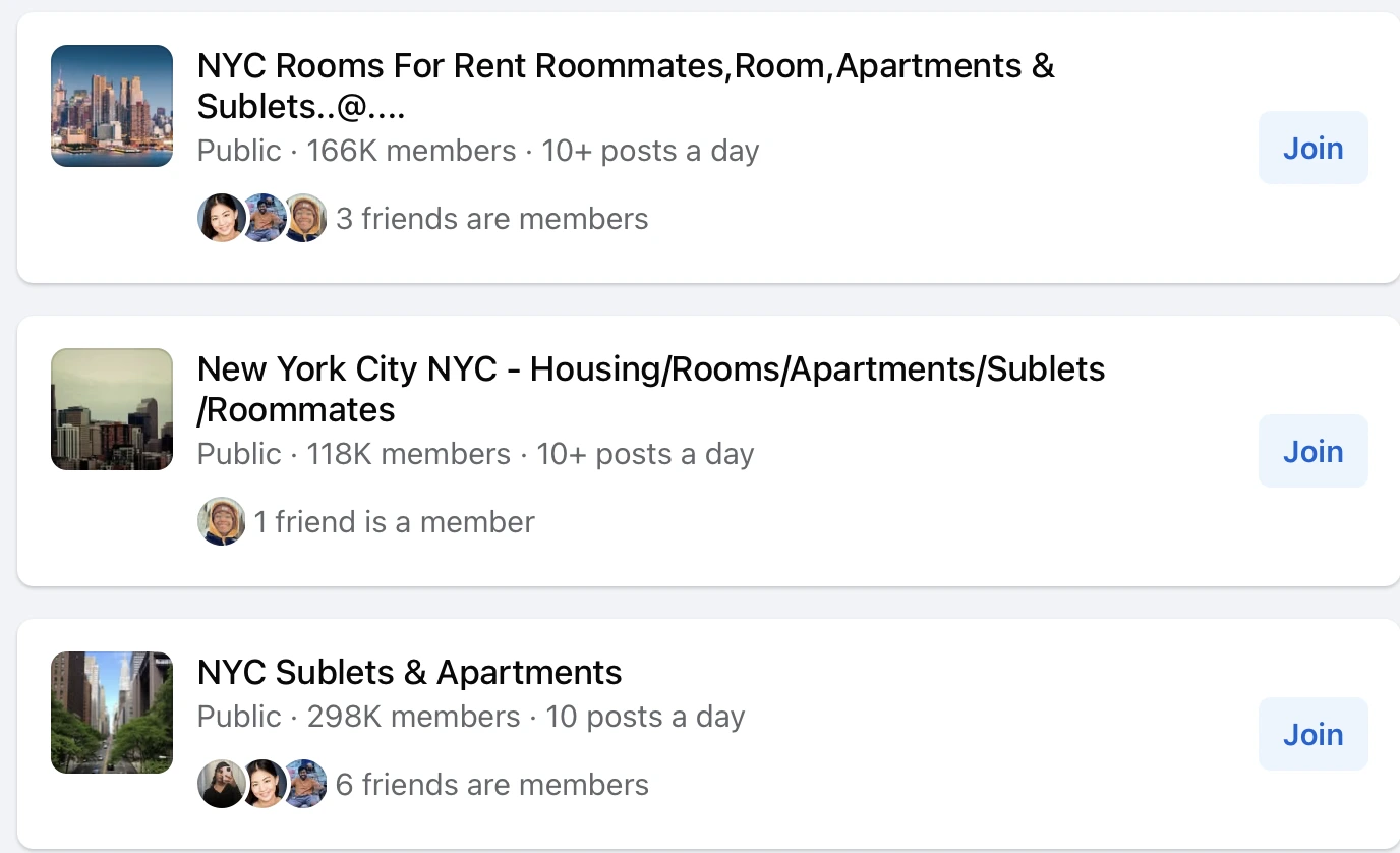 A screenshot of three example Facebook housing groups