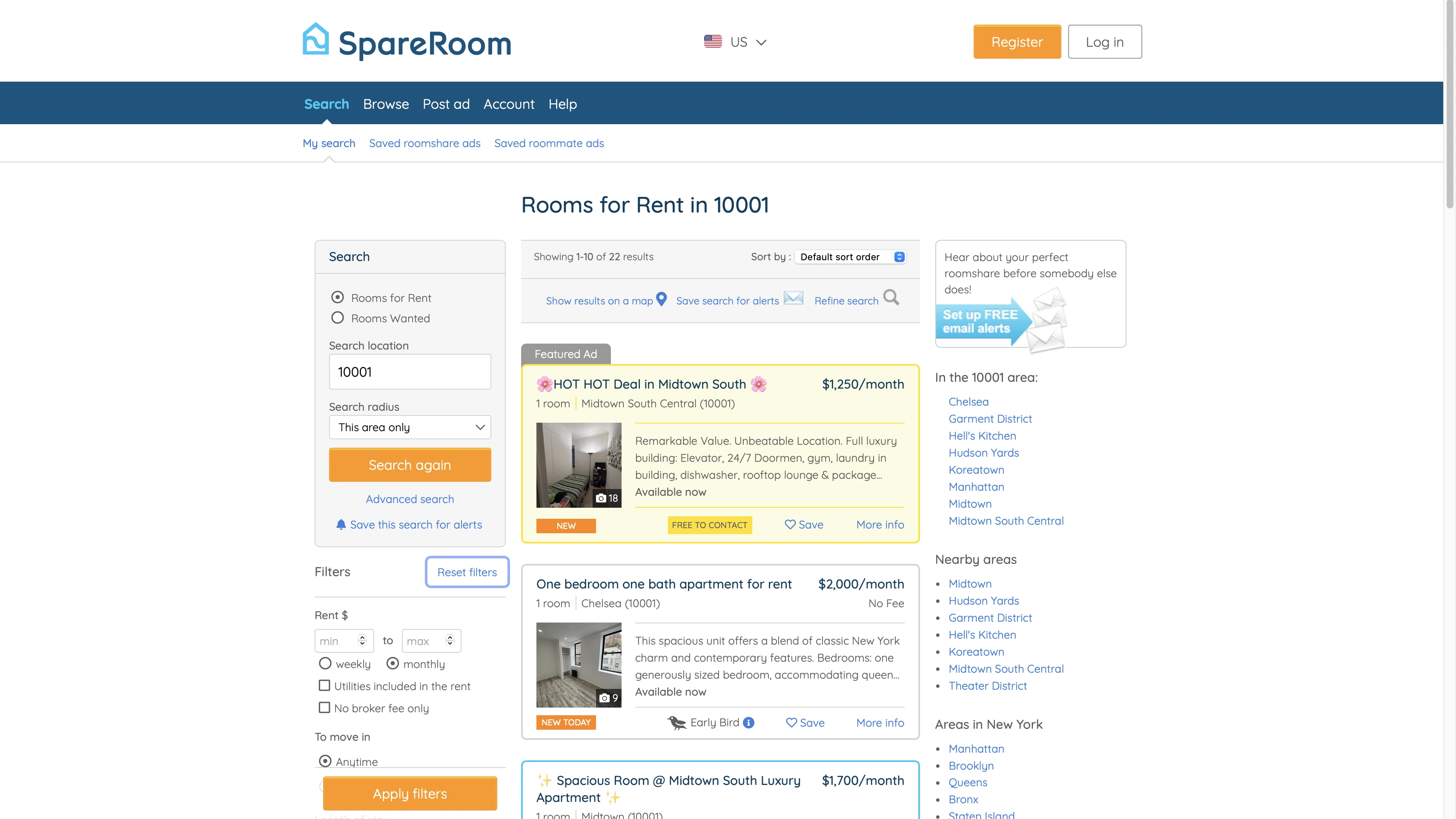 Home page of SpareRoom